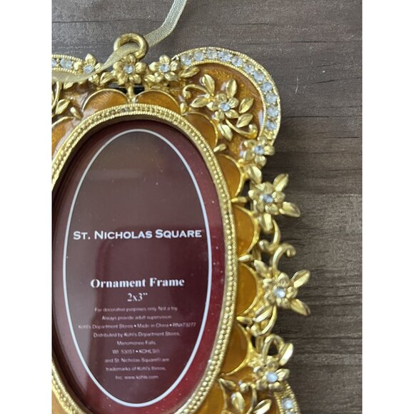 ST. Nicholas Square Enamel Gold Ornament Frame 4x3" Ornate Floral Rhinestones - Picture 3 of 7
